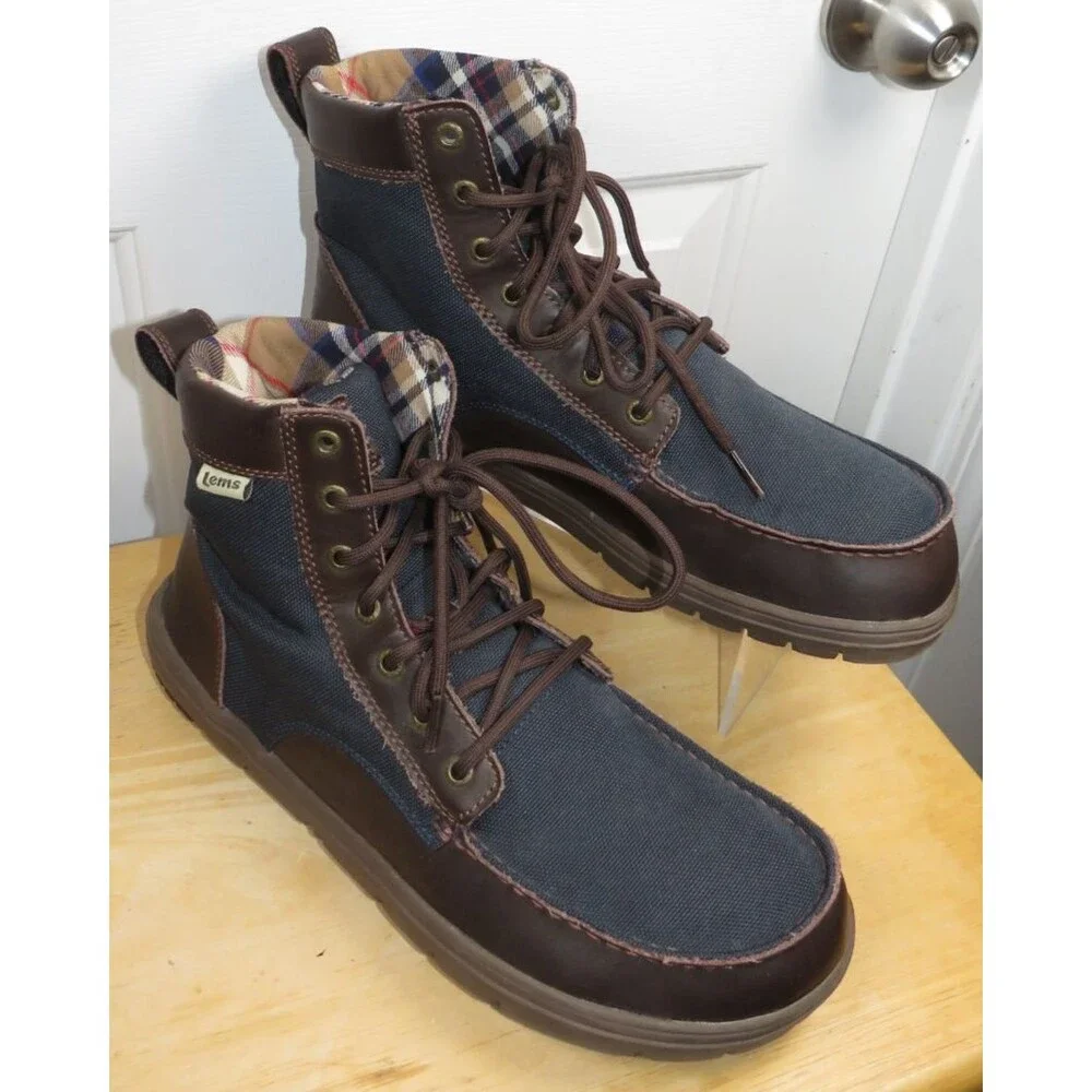 Lems Men's Boulder Boots in Navy/Dr. Brown Plaid Lining Size EU 47/US 13